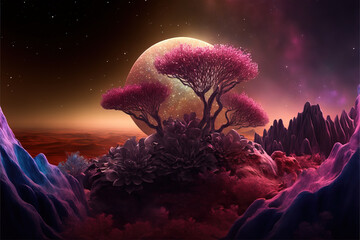 Fantasy extraterrestrial plants and fungus on cosmic landscape background. Generative illustration