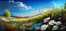 Beautiful Spring Landscape With Colorful Wildflowers In A Green Meadow On A Blue Day, Generative AI