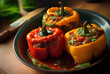 Stuffed peppers, halves of peppers stuffed with rice, dried tomatoes, herbs and cheese.	
