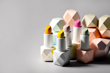 Lipsticks on modern background. Product and make up contemporary concept, minimalist style. Illustration, Generative AI