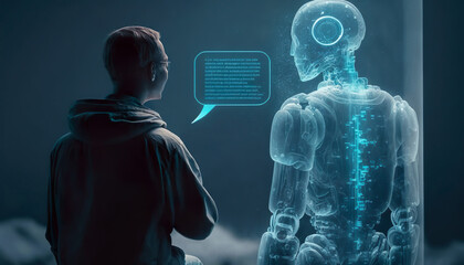person talking with robotic ai.futuristic technology or machine learning concepts.generative ai tech