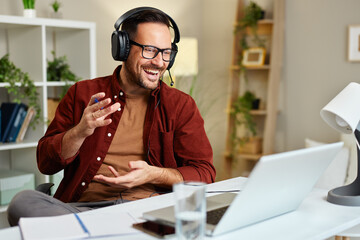 Man have business meeting via video call in office