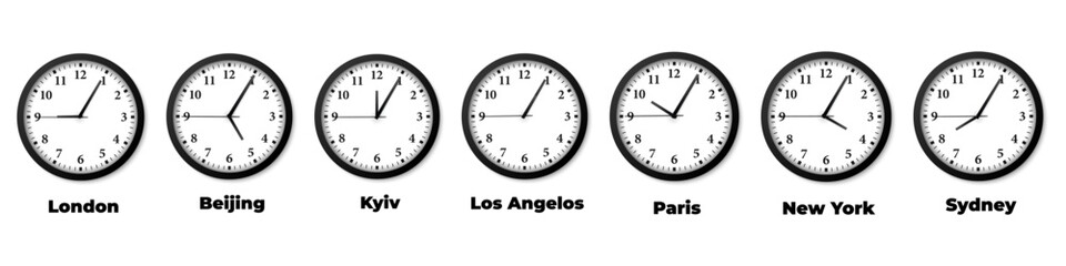 Wall Mural - set of clock with time zone of different city with shadow