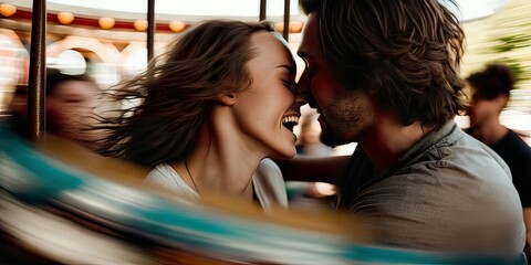 a romantic love date of a couple of beautiful people in love and happiness. amusement park ride. val