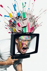 Wall Mural - Abstract modern portrait of young handsome guy coming out of television screen, white background. An explosion of vivid color from the head, color that flows. Generative AI.