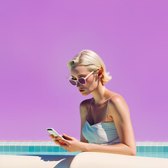 Portrait of a young beautiful girl with sunglasses enjoying her vacation by the pool. Summer sunny day, violet background. Generative AI.