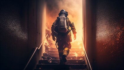 A brave and strong firefighter ascends the stairs of a burning building. AI Generative
