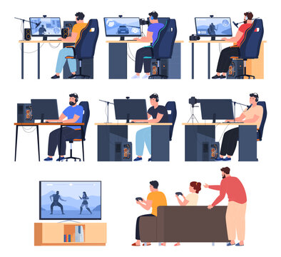 People play computer games. Cybersportsen is training. Game streamers broadcast their games on the Internet. Vector illustration