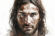 a portrait of the biblical figure, Jesus Christ on white background