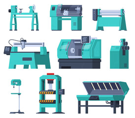 Industrial machines for processing metal, wood, plastic. Production of parts on mechanical machines. Electronic equipment, engineering technologies. Vector illustration