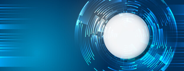 Hi-tech computer digital technology concept. Wide Blue background with various technological elements. Abstract circle technology communication, vector illustration. Futuristic design for presentation