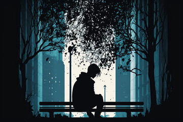 Silhouette of depressed man sitting head in hands on the walkway of residence building. Sad man, lonely and unhappy. Negative emotion and mental health concept, created with Generative AI