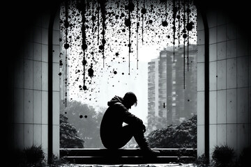 Silhouette of depressed man sitting head in hands on the walkway of residence building. Sad man, lonely and unhappy. Negative emotion and mental health concept, created with Generative AI