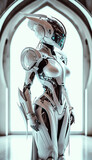 Fototapeta  - Robot, white woman cyber robot, futuristic white warrior astronaut robot in cyber suit and helmet side view. Image created with generative ai