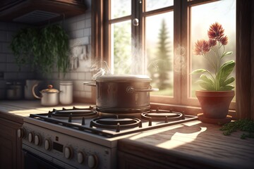 Electrical automatic cooking gas in the kitchen with two flower pots kept on slab and window open with sunlight falling inside of a luxury house