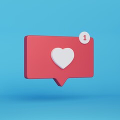 Comment 3d heart notification. Blue social media background with conversation red cloud. Social media  online shop, e-commerce elements. Website 3d rendering element notification. like comment