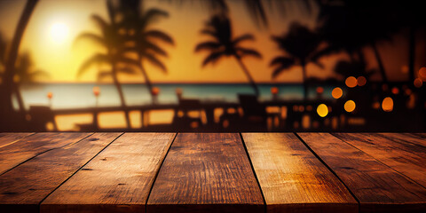 Wall Mural - Empty wooden table top product display showcase stage. Tropical summer sunset beach bar background. Generative ai