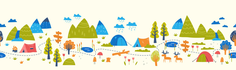 Wall Mural - Cute hand drawn vector seamless pattern with camping doodles, tents, landscape and trails, great for textiles, banners, wallpapers