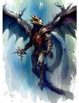 watercolor portrait of a dragonborn warrior | AI Generated
