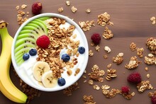 Healthy Breakfast: Yogurt Parfait With Granola, Banana And Kiwi On A Wooden Background - Generative Ai