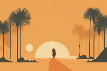Generative ai minimal travel seascape illustration with wanderlust traveller walking