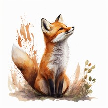 Drawing Of A Sitting Fox With Flowers
  White Background Generative AI