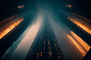 Poster - Low shot of skyscrapers in the fog created with Generative AI technology