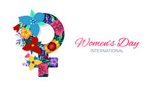 International Women's Day Banner With Woman Sign And Spring Flowers. 