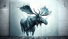  A Painting Of A Moose In A Room With A Brick Wall And A Brick Wall Behind It, With A Brick Wall In The Background.  Generative Ai
