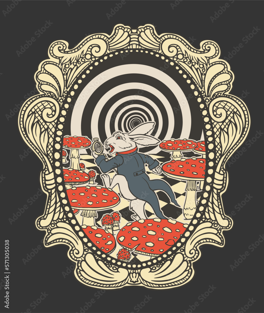 white rabbit from alice in wonderland runs among the mushrooms Stock ...