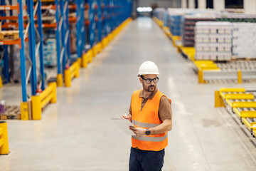 A warehouse manager is standing in facility and writing down on papers.