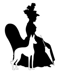 Wall Mural - Silhouette of young victorian woman sitting on armchair, holding umbrella and flanked by dog. Seated woman in historical clothing with dog. 