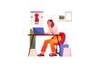© DesignSells - Online shopping concept with people scene in the flat cartoon style. Girl choose a new dress in the online store.