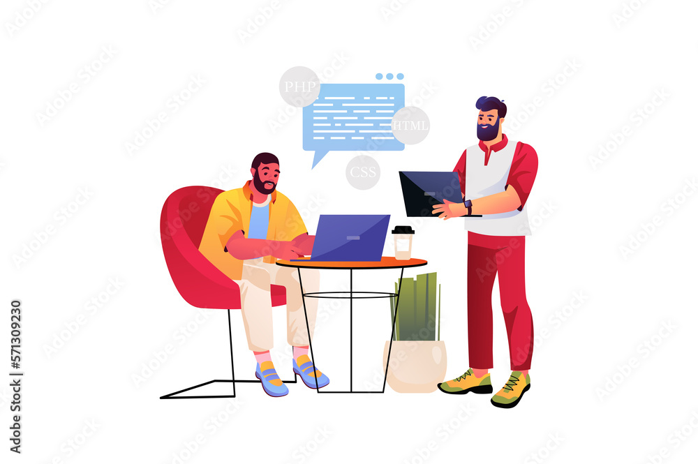 Programming concept with people scene in the flat cartoon style. Two ...