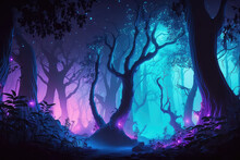 Fairy Forest At Night, Fantasy Neon Glowing Flowers And Lights. (ai Generated)