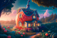 Fairly Tale Pumpkin House In Autumn Garden, Generative Ai Illustration