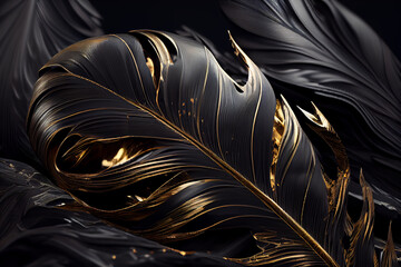 luxury gilded gold golden black swan feather, on black background. luxus wallpaper design created wi