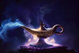 Fototapeta Przestrzenne - Genie's magic lamp emitting blue smoke standing on a red pillow