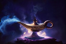 Genie's Magic Lamp Emitting Blue Smoke Standing On A Red Pillow