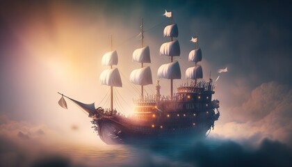 Wall Mural -  a painting of a pirate ship floating in the ocean at night with a full moon in the sky above it and a few white birds flying above it.  generative ai