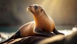  a sea lion sitting on a rock in the water looking up at the sun shining through the clouds over the water and the rocks below.  generative ai