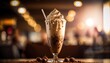  a chocolate milkshake with whipped cream and chocolate balls on a table in a restaurant or bar with a blurry background of people in the background.  generative ai