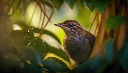 Wall Mural -  a small bird sitting in a tree with green leaves around it's neck and eyes looking up at the camera, with a blurry background of leaves and a.  generative ai