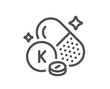 Vitamin K line icon. Food nutrient sign. Capsule or pill supplement symbol. Quality design element. Linear style vitamin K icon. Editable stroke. Vector