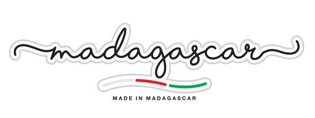 Made in Madagascar, new modern handwritten typography calligraphic logo sticker, abstract Madagascar flag ribbon banner