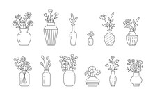 Flower In Vase Doodle Illustration Including Different Floral Bouquets. Hand Drawn Cute Line Art About Plants In Interior. Thin Linear Drawing For Coloring. Editable Stroke