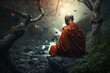 tibetan monk sitting on a stone meditating in a mountain valley, rear view, Generative AI