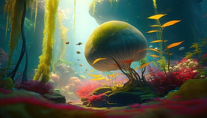  a painting of a mushroom in the middle of a forest filled with plants and fish, with sunlight streaming through the trees and water behind it.  generative ai