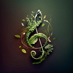 Treble clef music notes made from nature green leaf. Concept of World Music Therapy Day