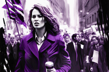 International Women's Day manifestation. Empowered girl claiming for the fight for equal rights on the working woman's day. Equality and feminism. Purple and black tones. Generative AI illustration.